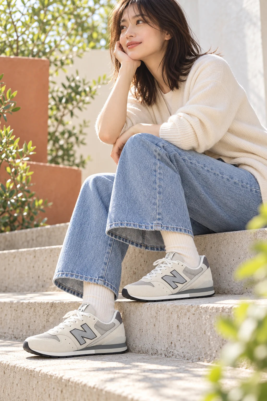 デニムとアイボリーのソックスに996を合わせた女性のAIスタイリングイメージ