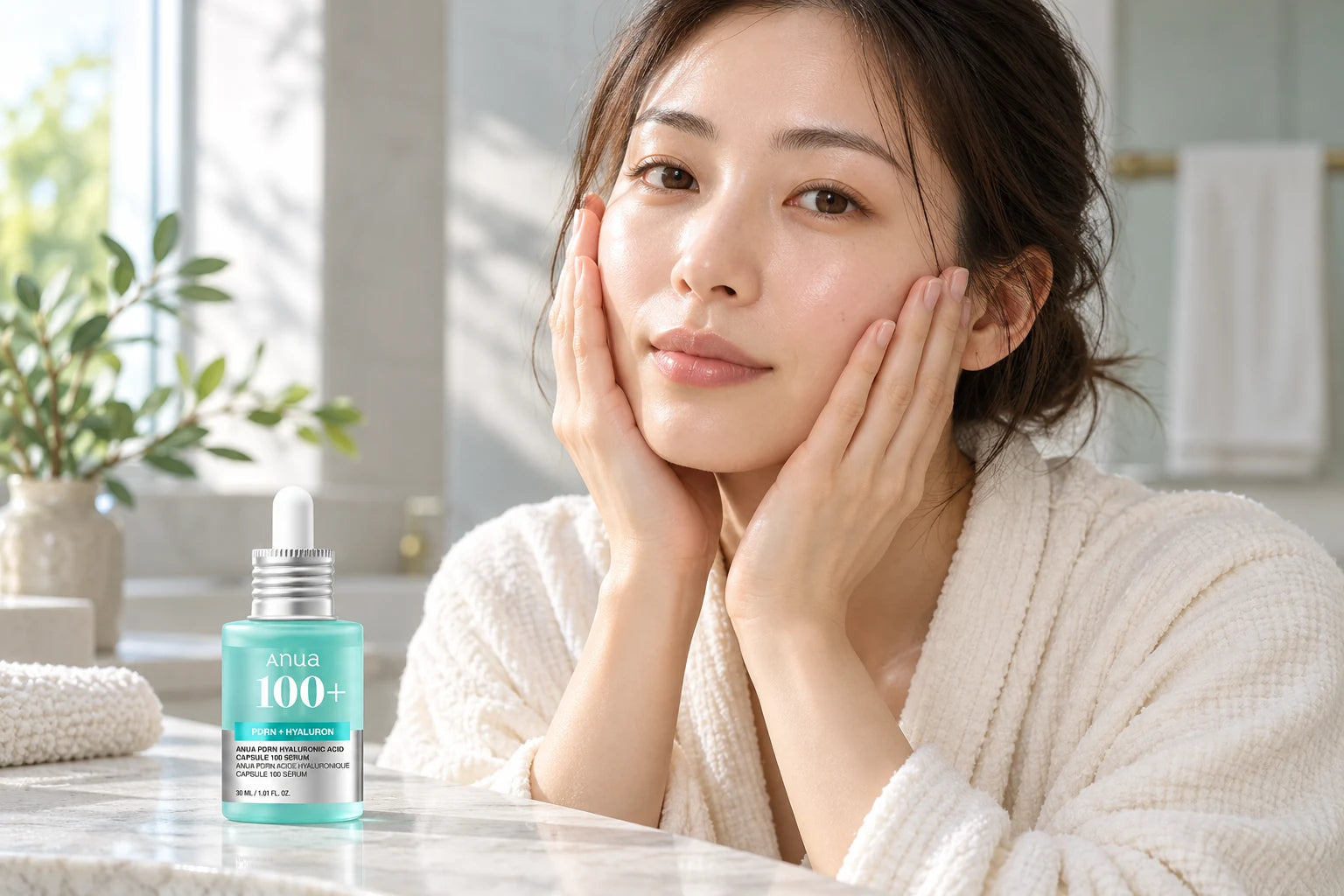 朝の保湿ケアを楽しむ日本人女性と美容液のAIイメージ