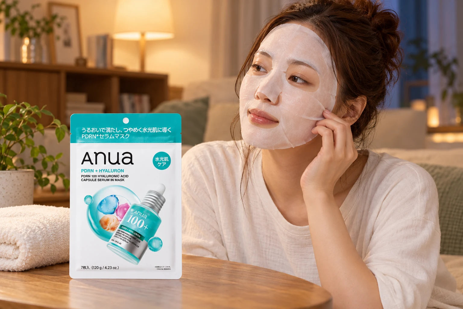 シートマスクで夜のケアをする女性とANUAマスク1袋のAIイメージ